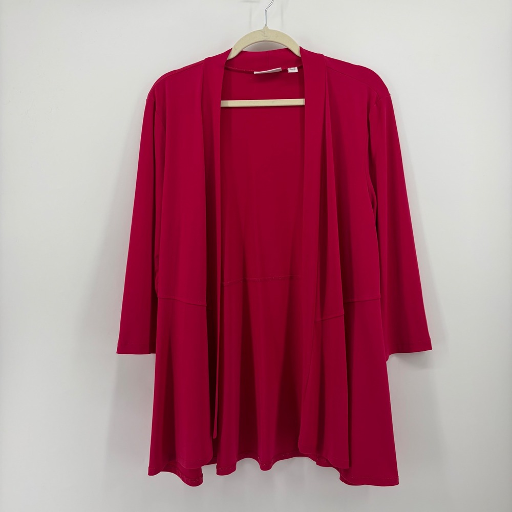 Susan Graver Womens L Fuchsia Pink Open Front Cardigan Liquid Knit 3/4 Sleeve